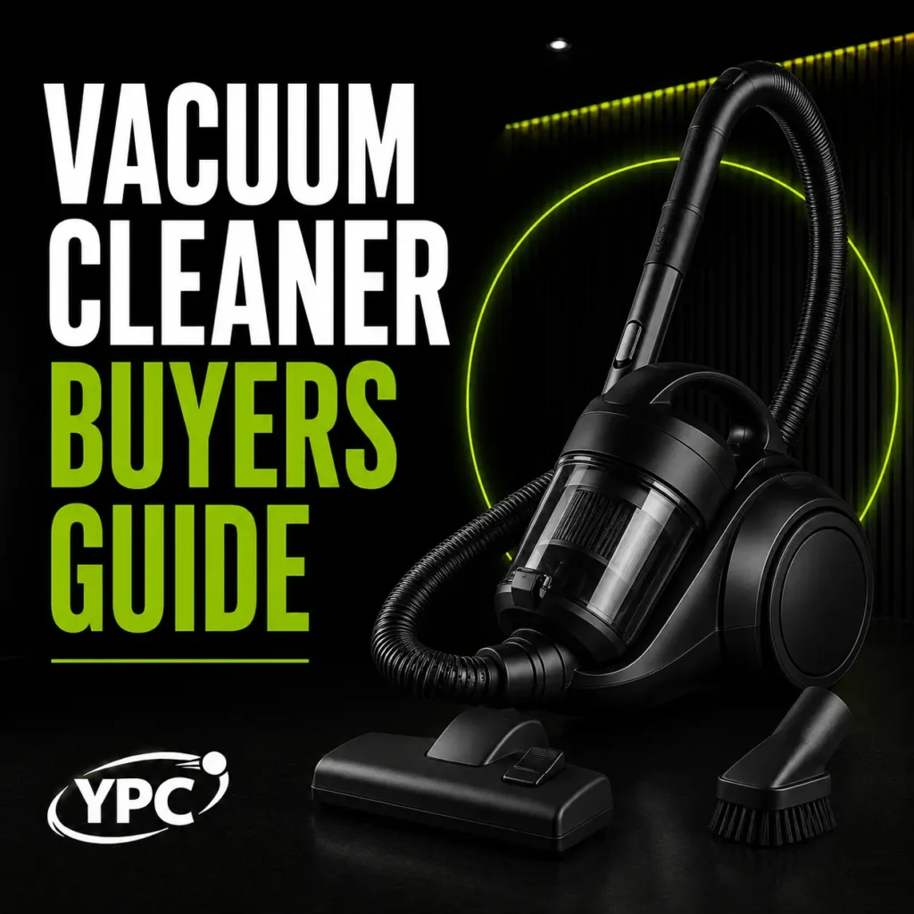 Vacuum Cleaner Buyers Guide graphic with black cylinder vacuum cleaner, floor head, hose, brush attachment and YPC logo