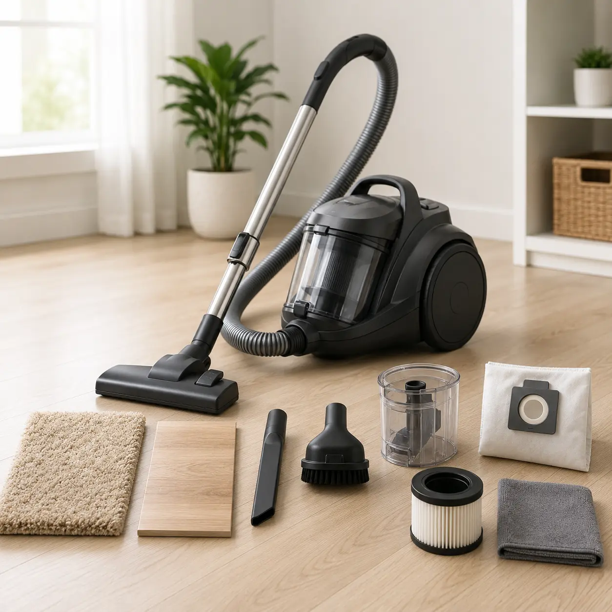 Vacuum cleaner setup with floor samples, attachments, dust bin, filter and cleaning cloth