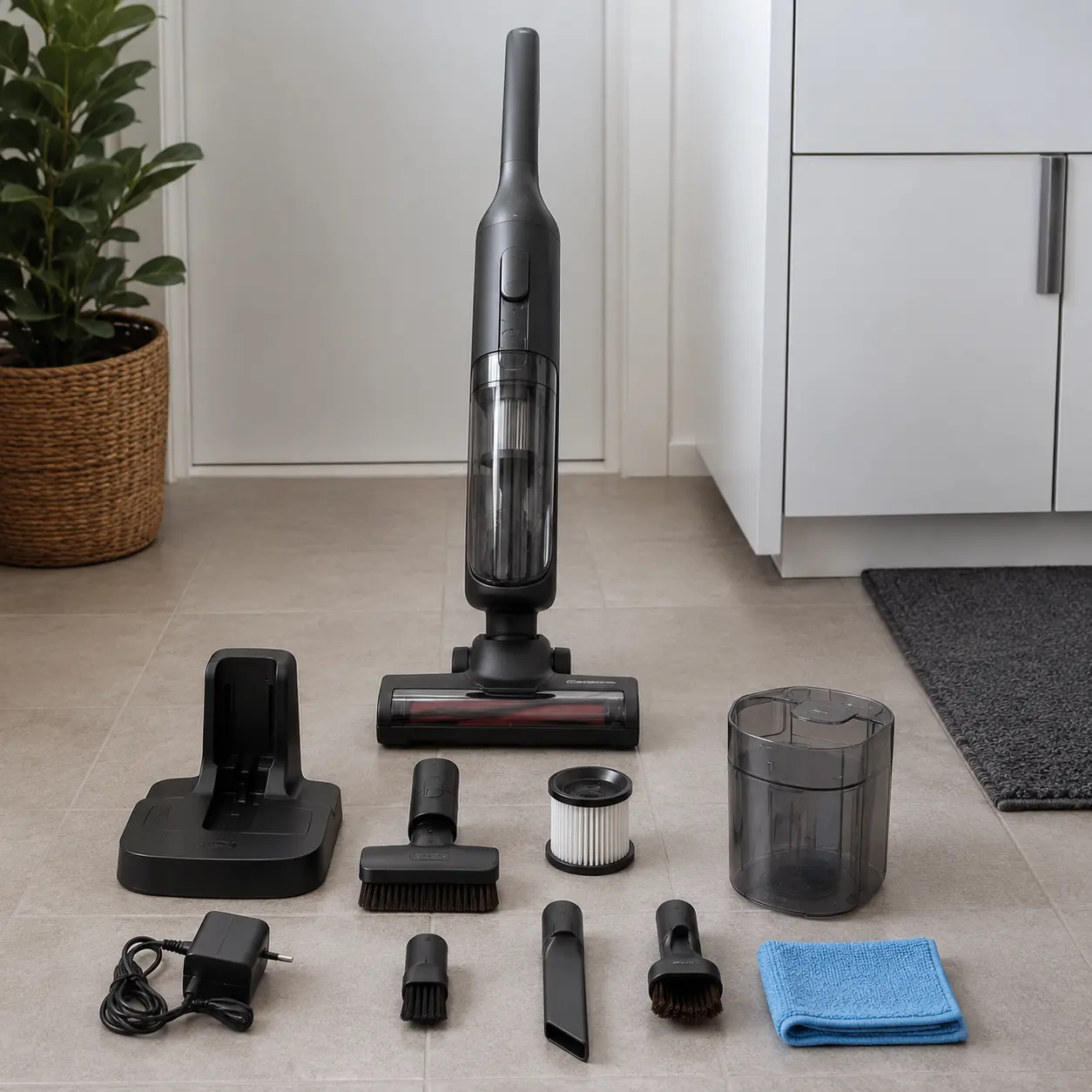 Vacuum cleaner with attachments, filter, dust container, brush head, charging dock and cleaning cloth