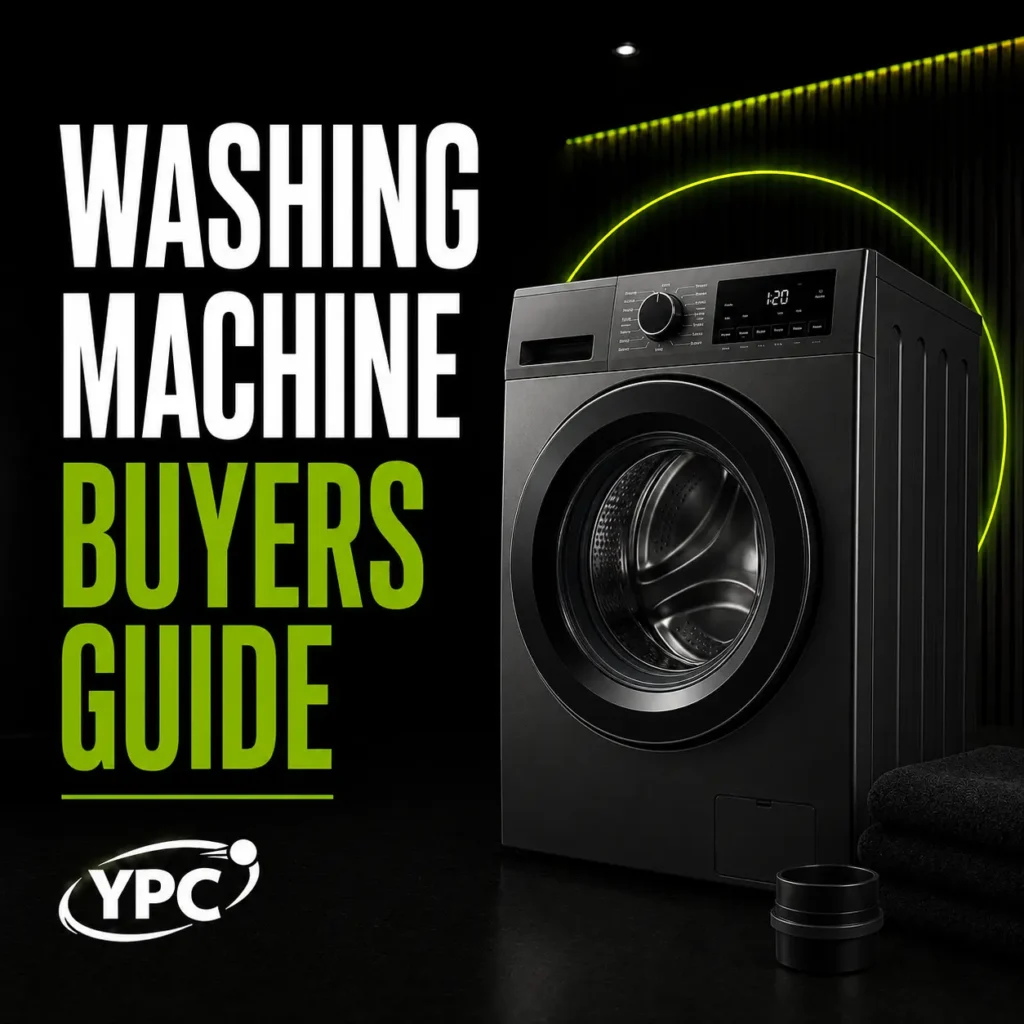 Washing Machine Buyers Guide graphic with black washing machine, folded towels, laundry basket and YPC logo