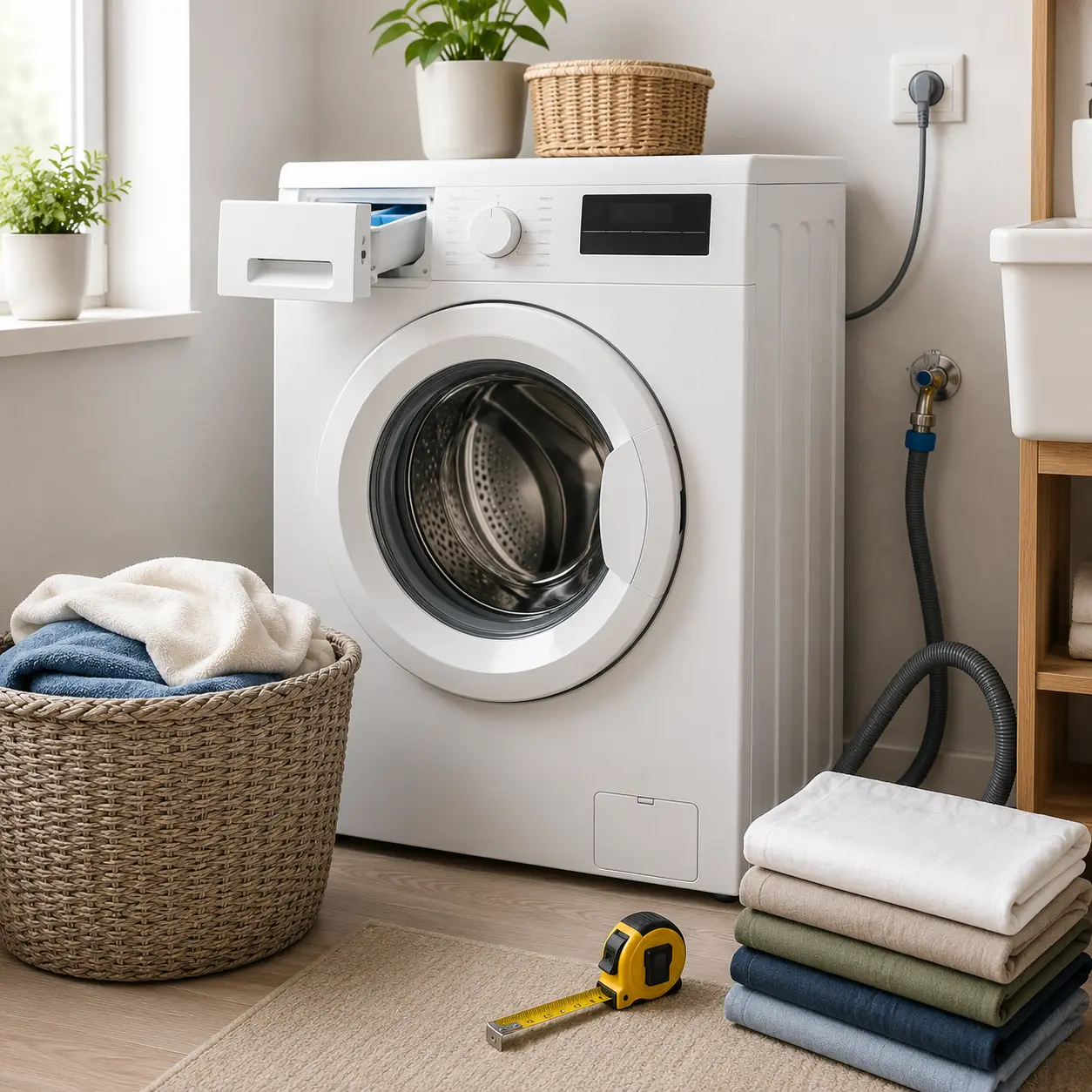 Washing machine setup with laundry basket, tape measure, detergent drawer, plug cable and hoses