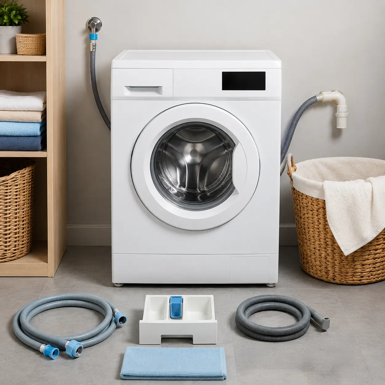 Washing machine with inlet hose, drain hose, detergent drawer, folded towels, laundry basket and cleaning cloth