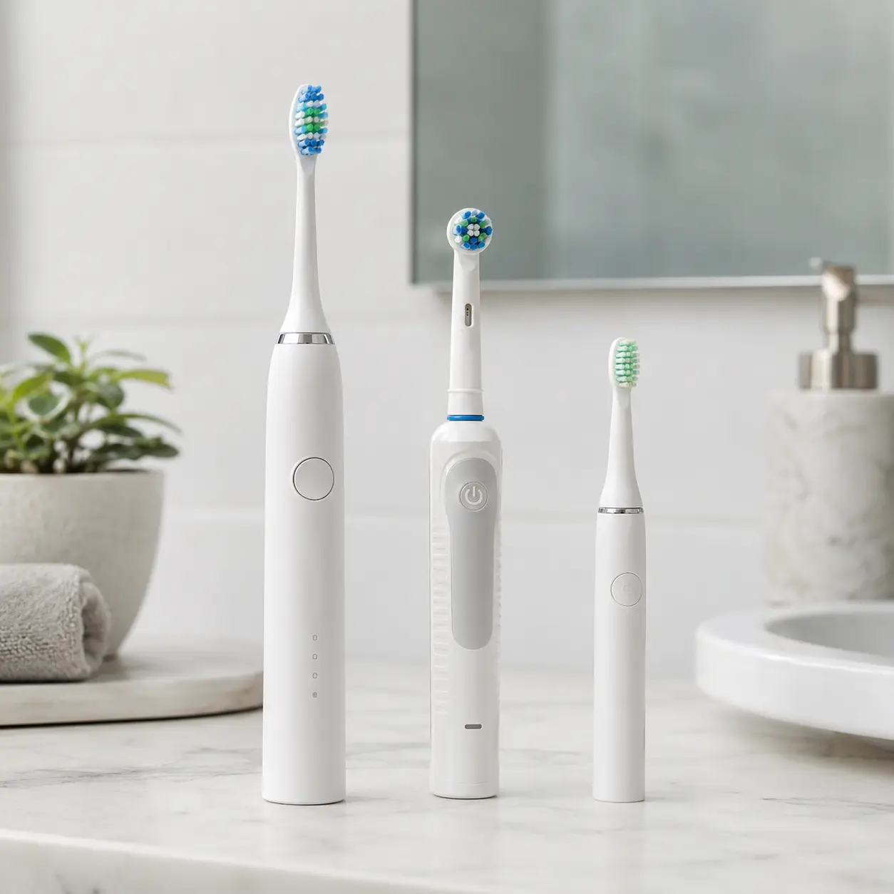 Sonic round head and compact travel electric toothbrushes compared on a bathroom counter