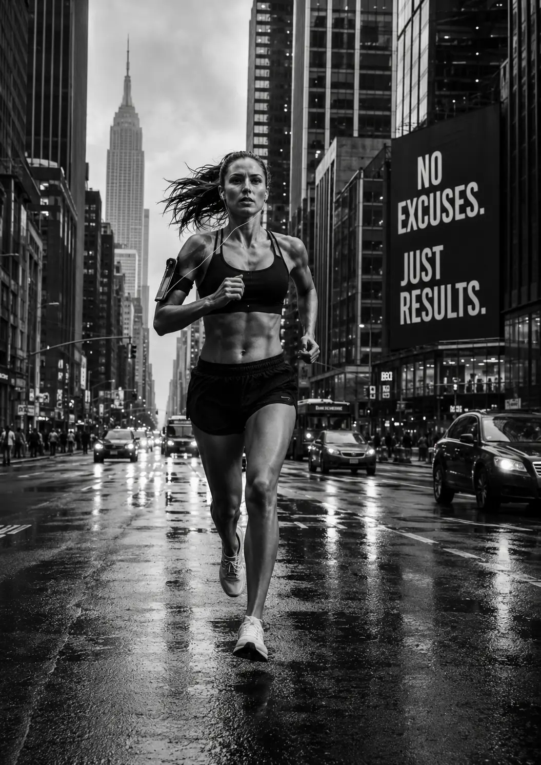 Running Girl New York Poster, black and white fitness wall art featuring a runner in New York and the message No Excuses. Just Results.