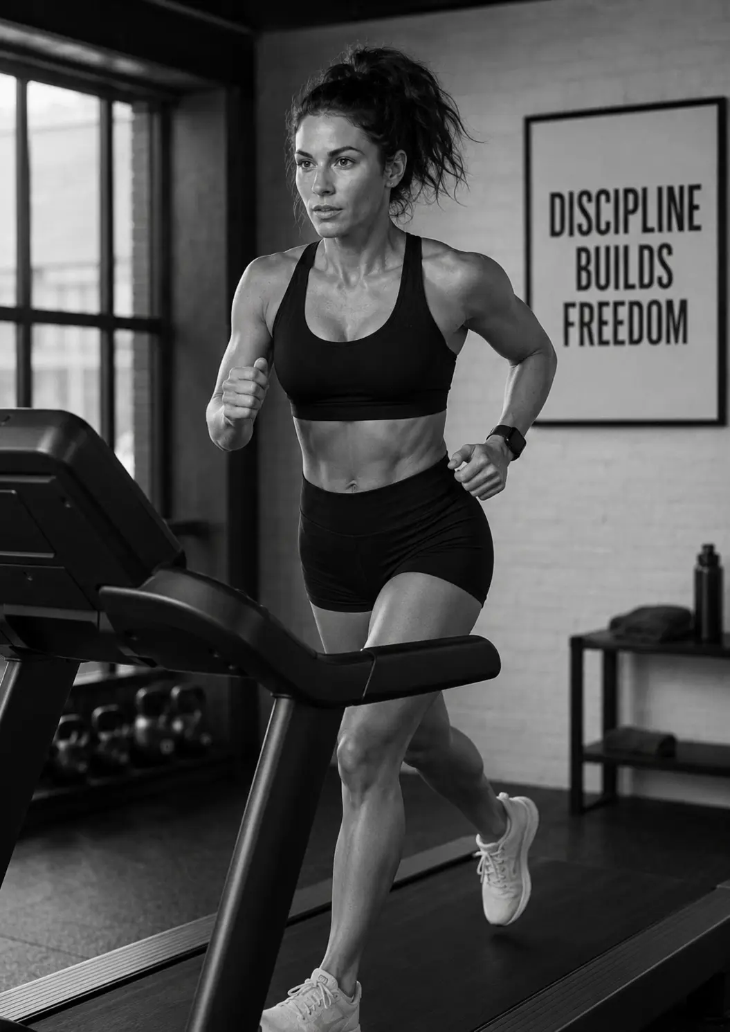 Running Girl Poster, black and white treadmill fitness wall art with the message Discipline Builds Freedom