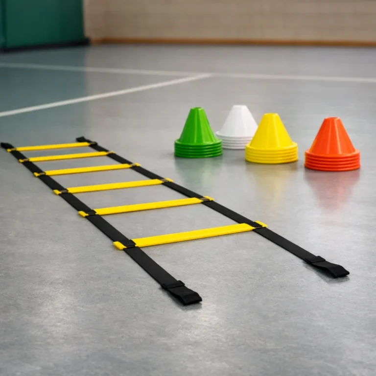 Agility ladder and training cones arranged on a plain indoor floor
