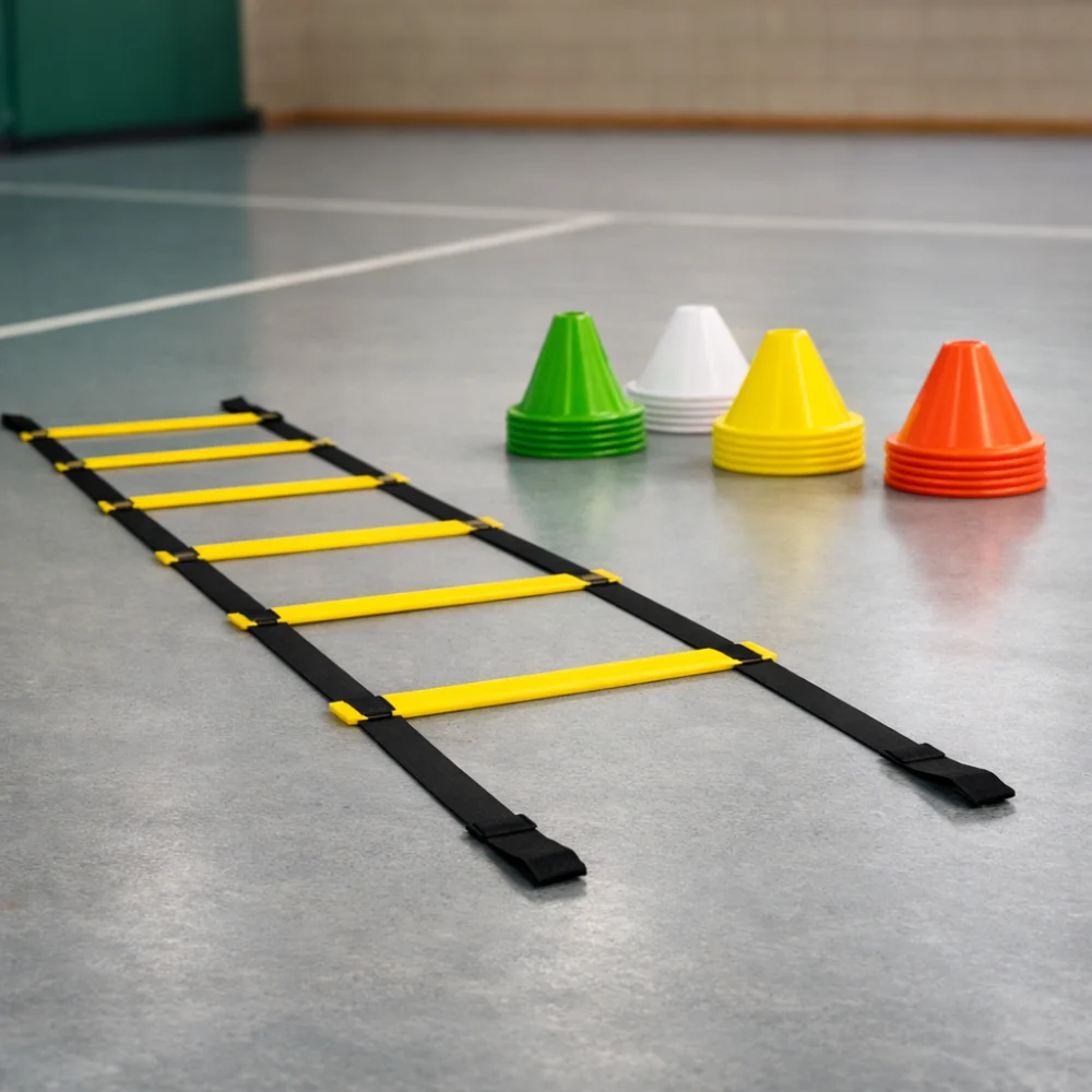 Agility ladder and training cones arranged on a plain indoor floor