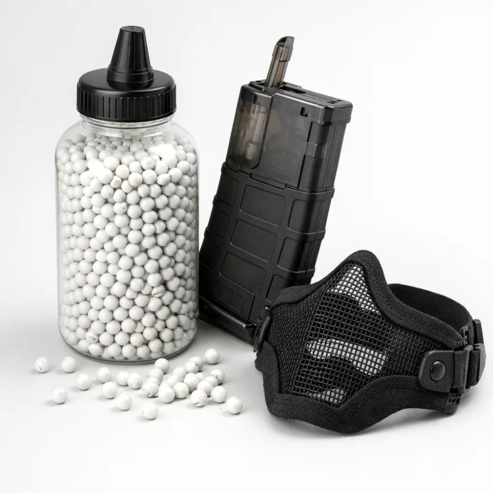 Close-up of generic airsoft BBs in a simple container on a plain background.