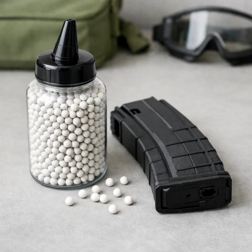 A container of airsoft BBs beside a generic airsoft magazine on a plain background.