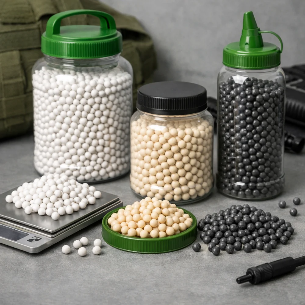 Unbranded airsoft BB containers and loose BBs on a plain surface