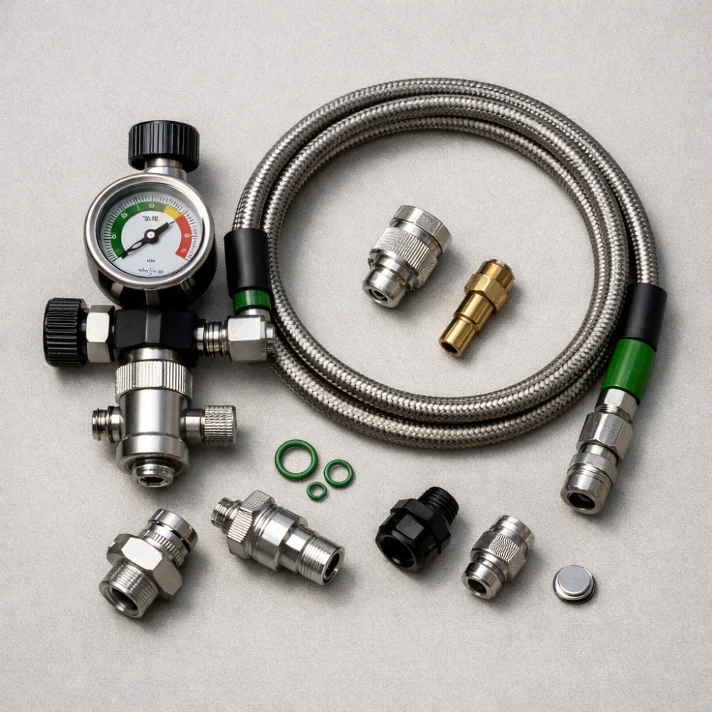 An airsoft fill station with hose, gauge and fittings on a neutral background.