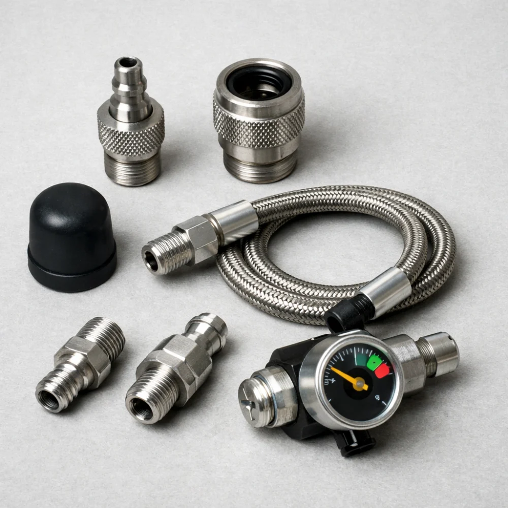 Generic airsoft HPA accessories arranged on a neutral background
