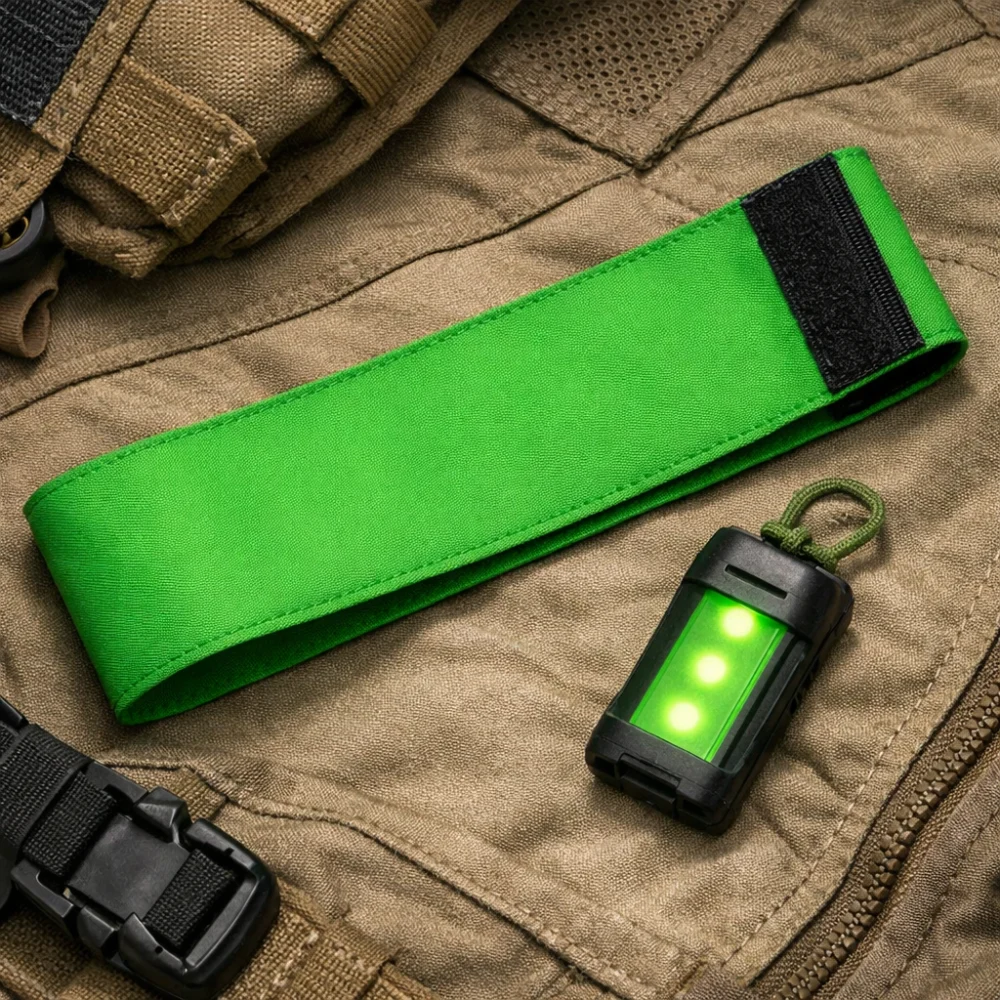 An airsoft team identification armband and ID marker laid out on neutral tactical-style fabric.