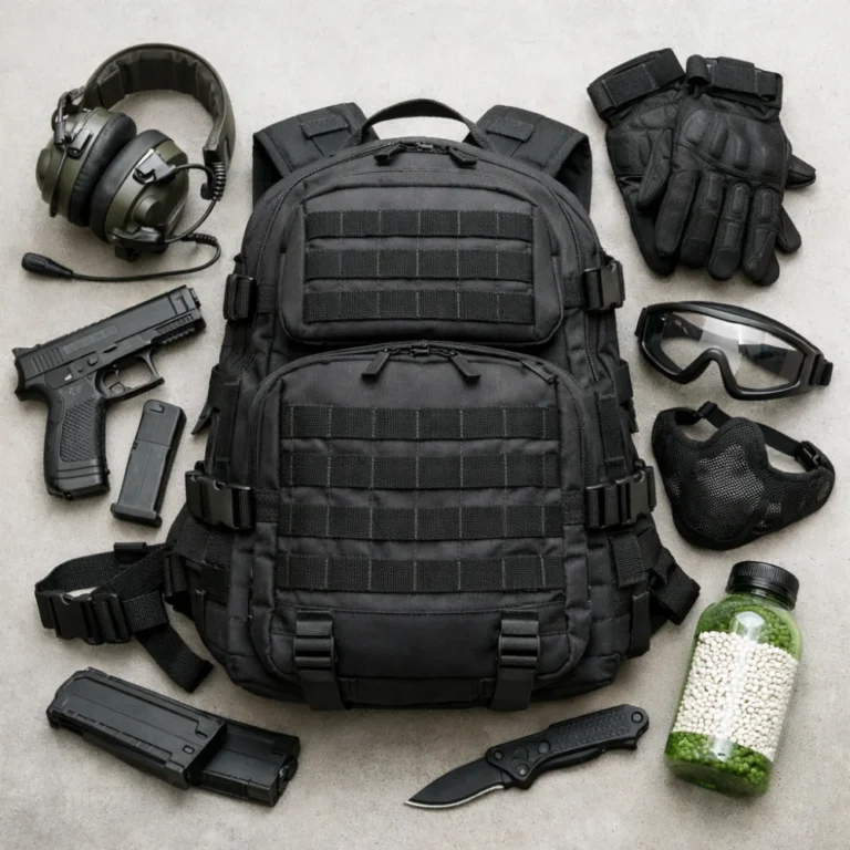 An airsoft backpack with basic gear laid out beside it