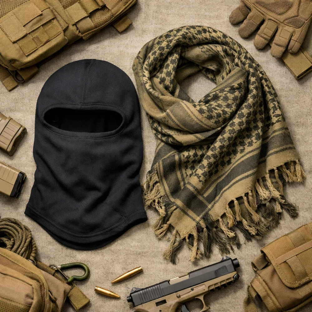 Generic airsoft balaclava and scarf laid out on neutral clothing