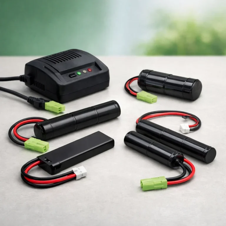 Generic airsoft batteries and charger arranged on a neutral background.