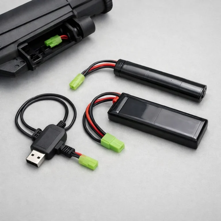 Generic 7.4V airsoft batteries and a charger lead arranged on a neutral background.