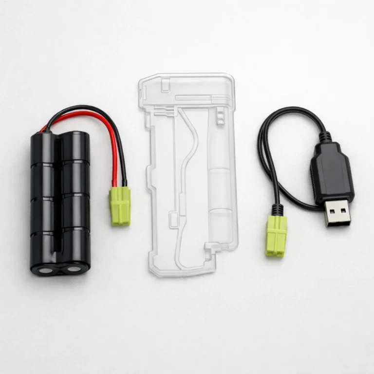 Generic 8.4V airsoft battery with accessory cables on a plain background