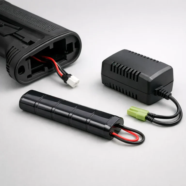 A generic 9.6V airsoft battery pack with an airsoft battery compartment and charger on a plain background.