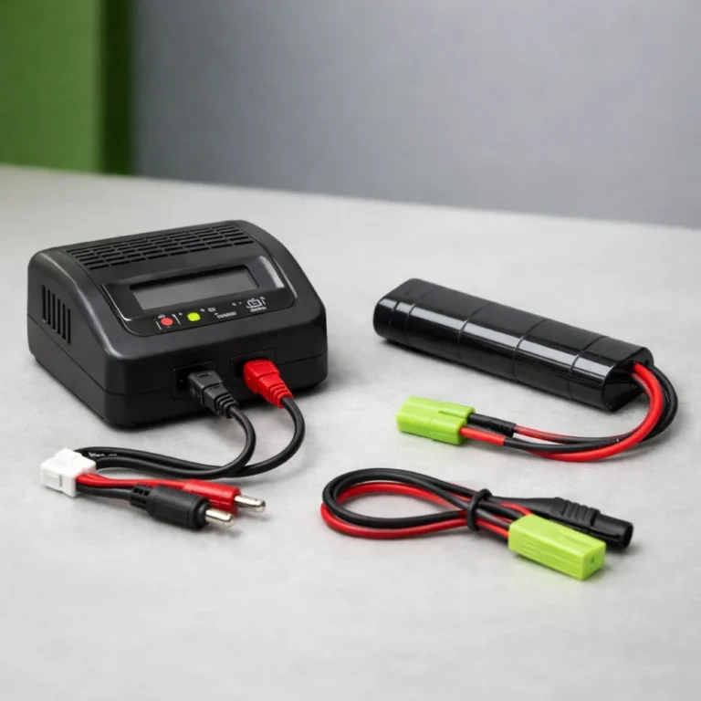 Generic airsoft battery charger with battery pack and charging leads on a neutral background