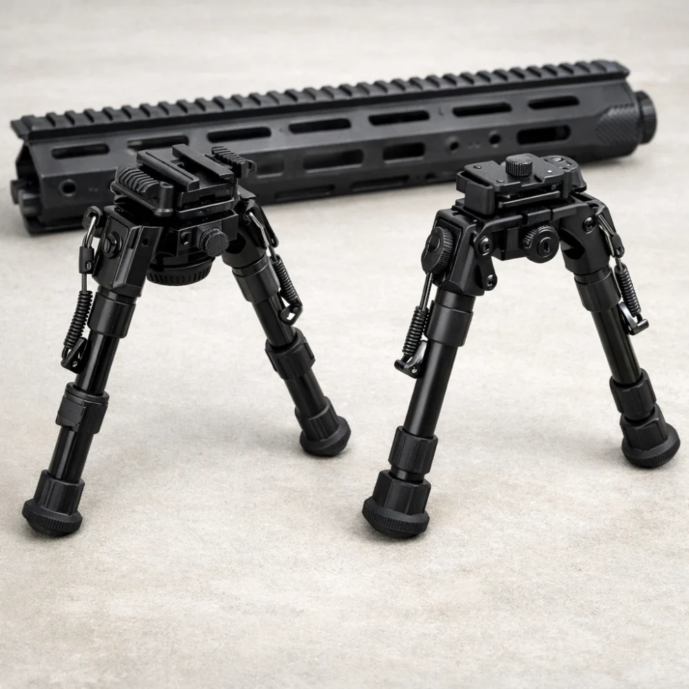 Two generic airsoft bipod mounting styles shown beside a replica handguard