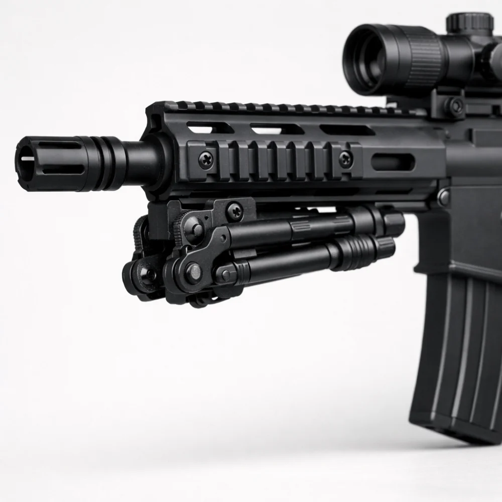 An airsoft replica fitted with a bipod on a neutral background