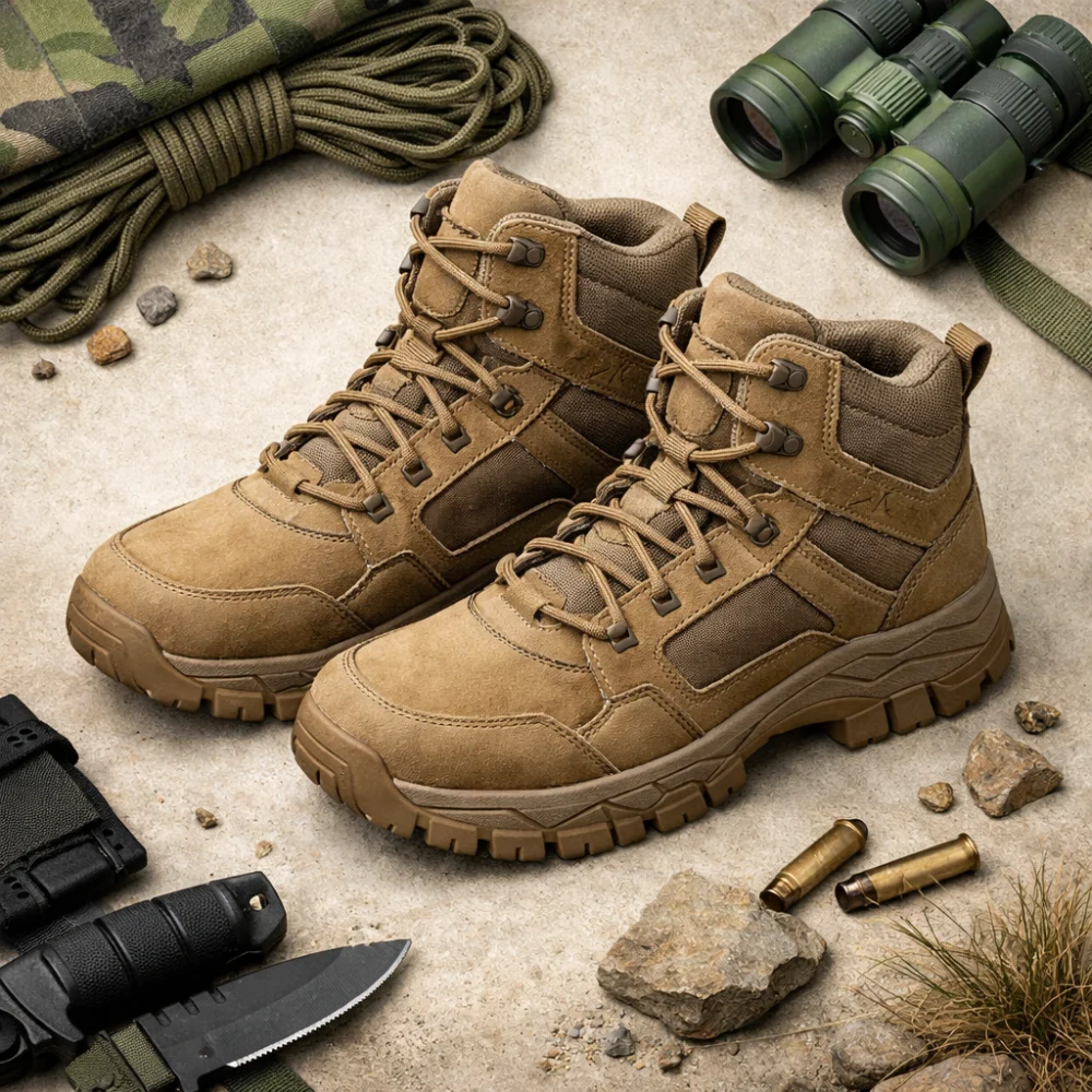 Generic airsoft boots arranged on a plain background with outdoor kit styling