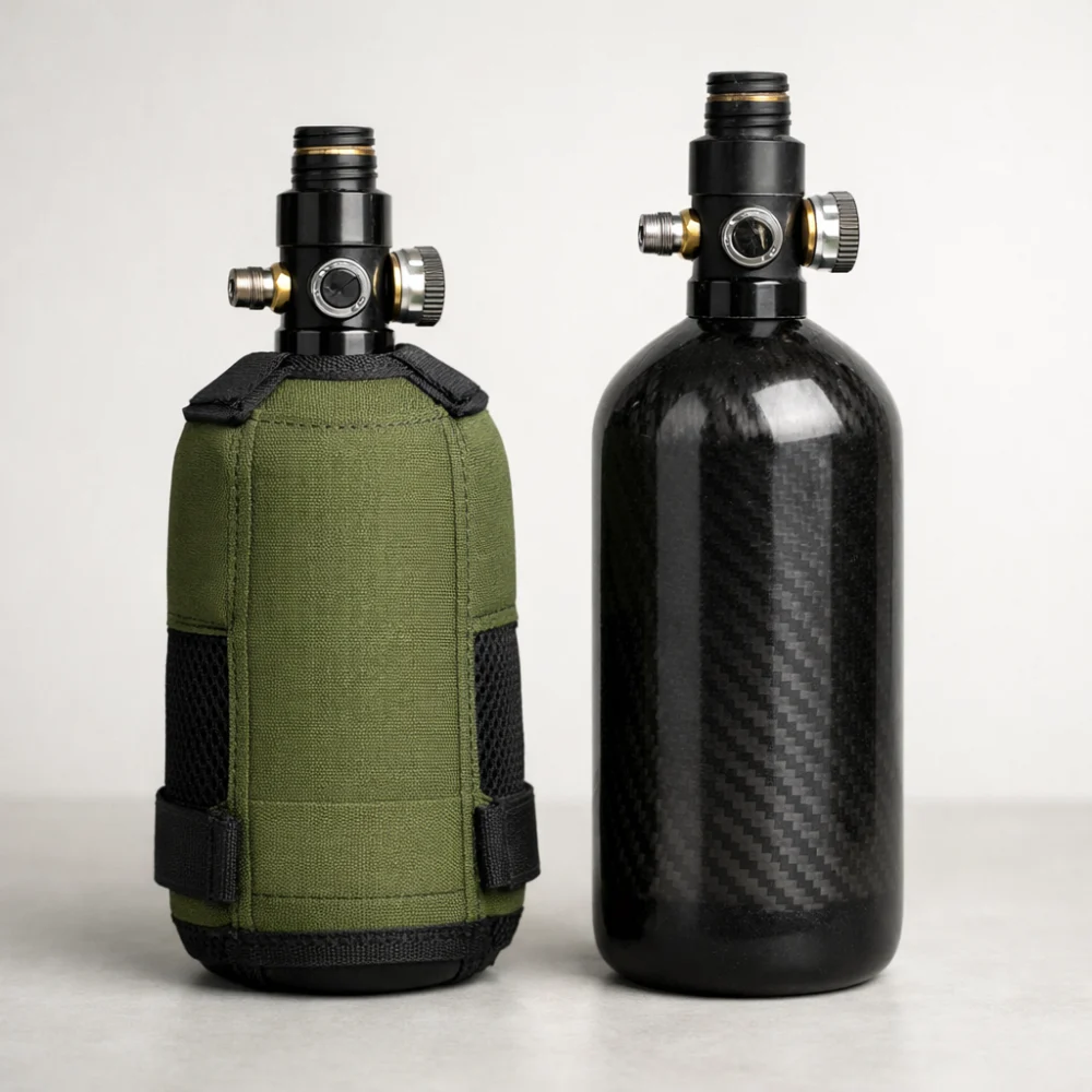 Airsoft HPA bottle covers shown on unbranded bottles in a clean studio setup.