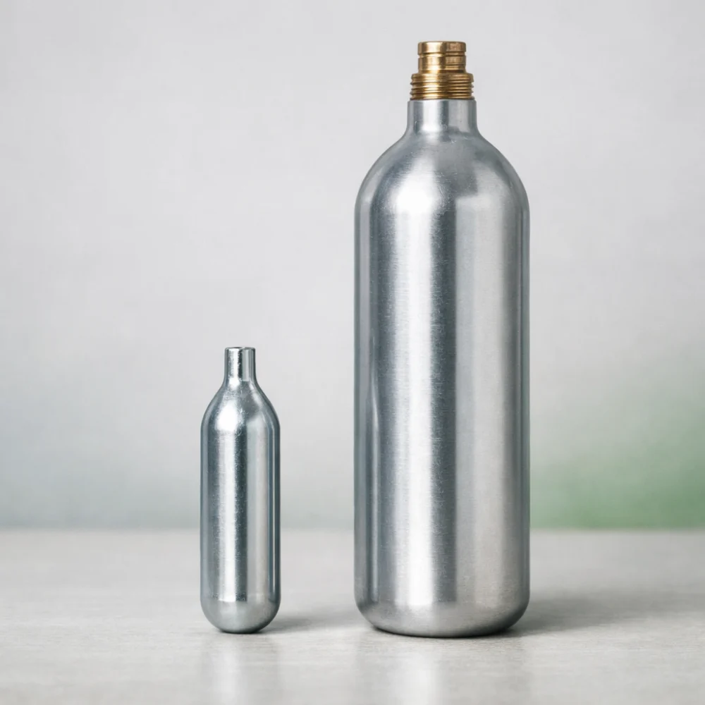 A small CO2 powerlet next to a larger CO2 cartridge-style supply