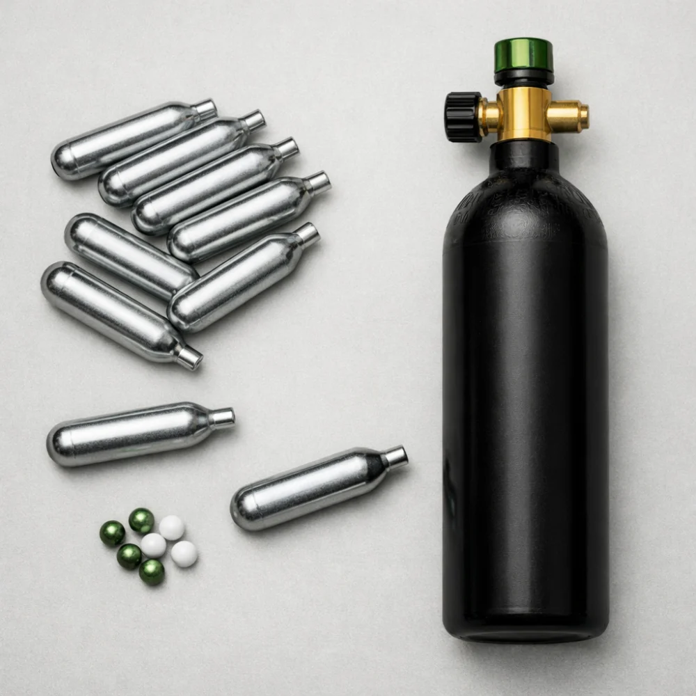 Generic airsoft CO2 powerlets and a bottle-style gas supply on a neutral background