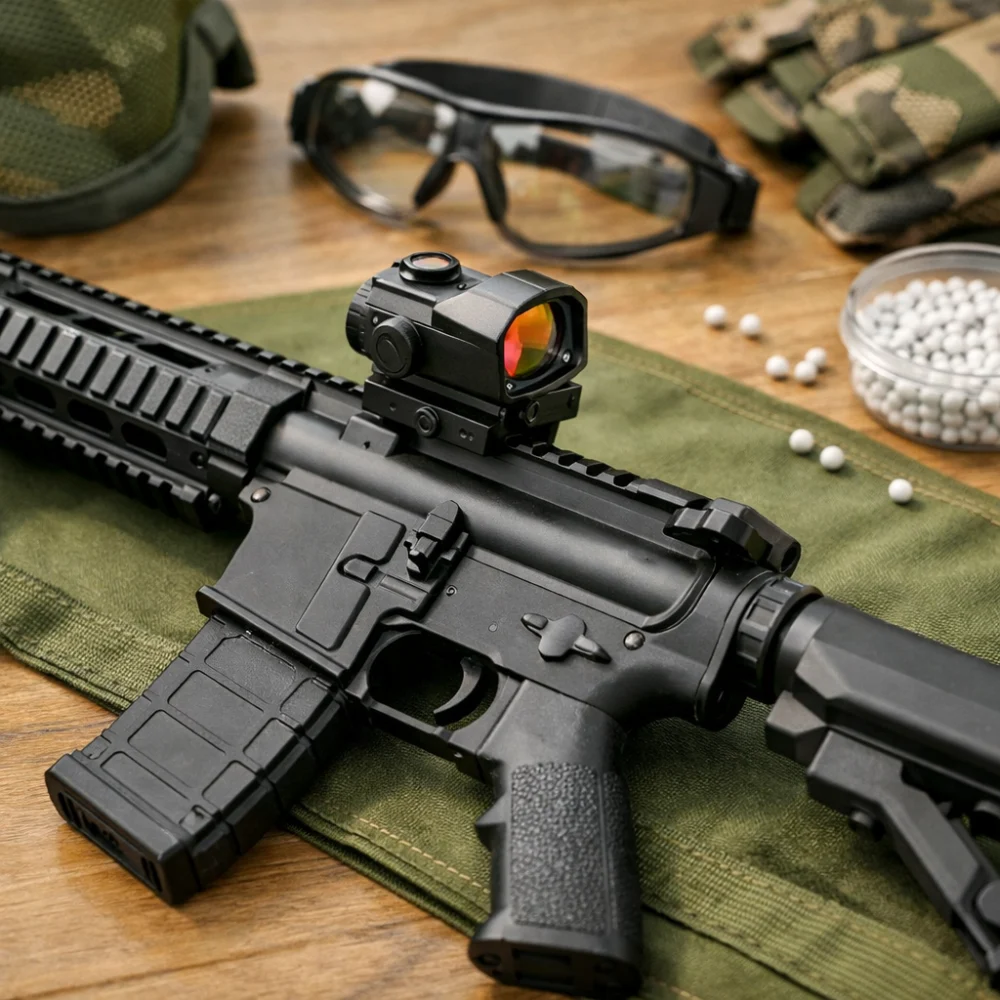 An airsoft replica fitted with a dot sight on a rail mount