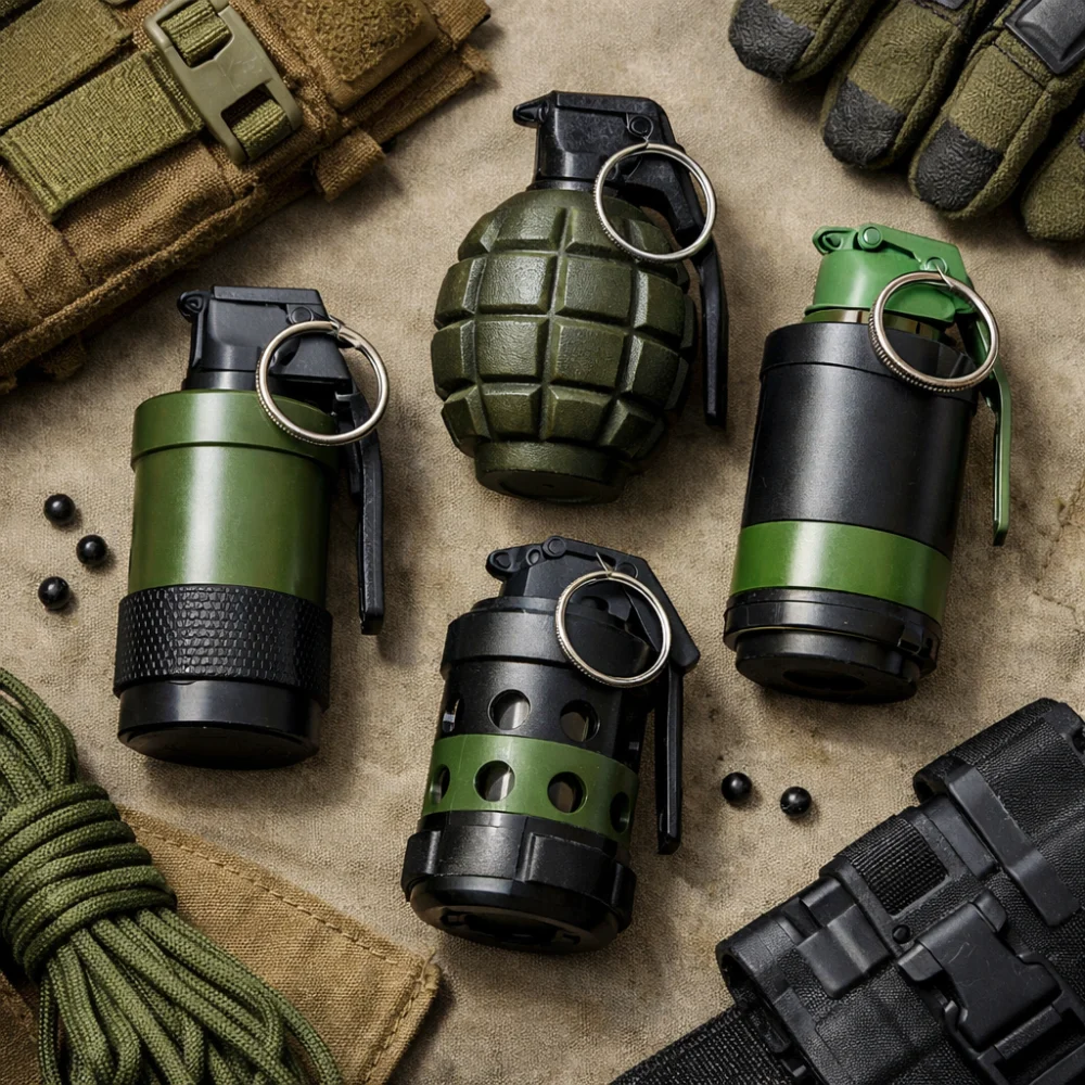 Generic dummy airsoft grenade props arranged with neutral kit on a plain background.
