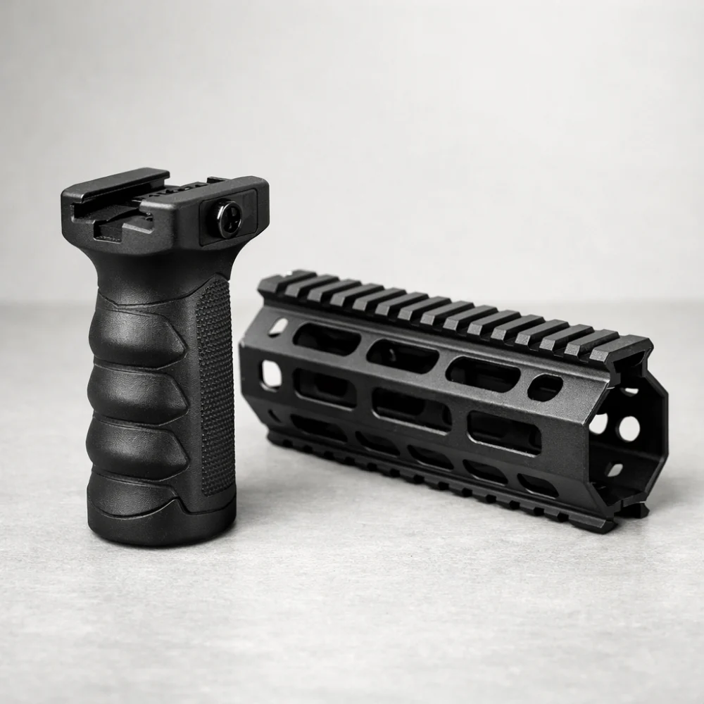 An airsoft foregrip displayed with a generic rifle handguard section on a neutral background.