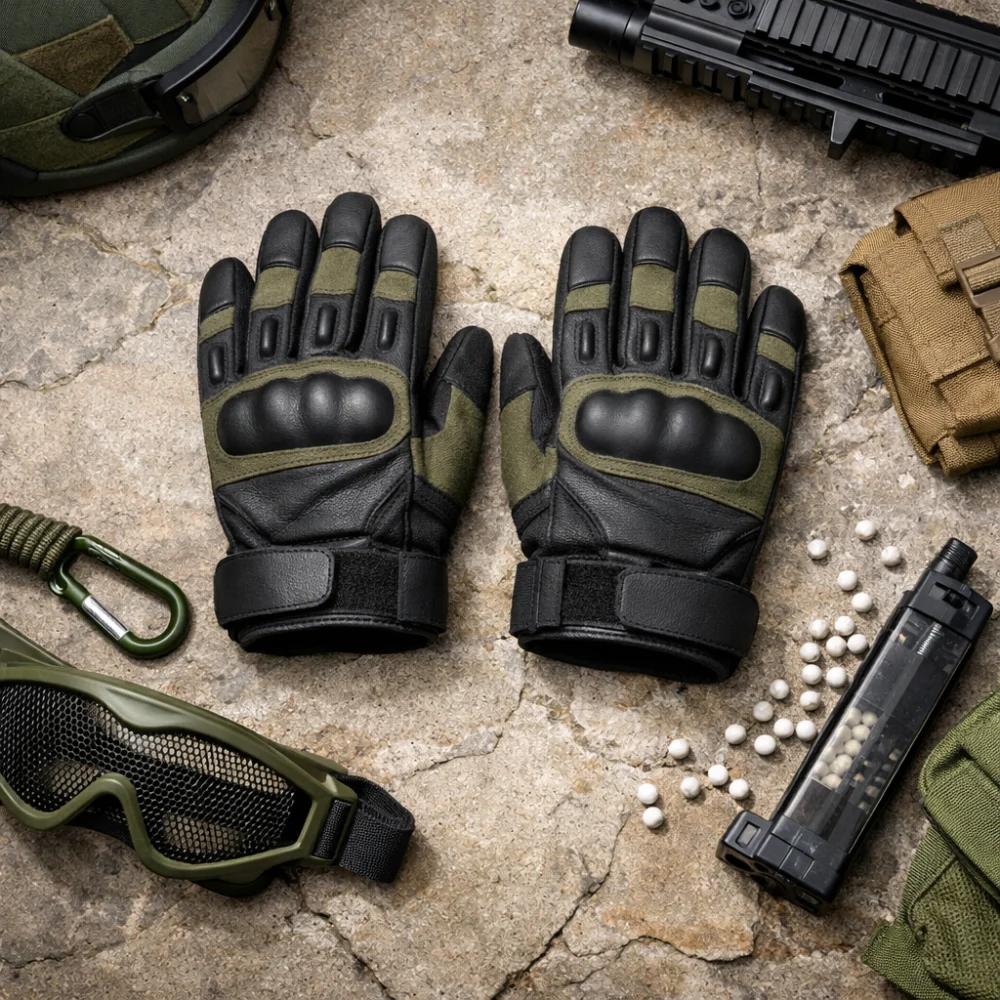 A pair of airsoft gloves shown in a clean flat lay