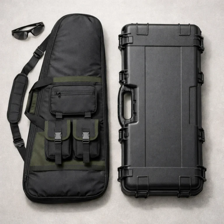 Airsoft gun bags and cases shown as a soft padded bag beside a hard shell case on a neutral background.