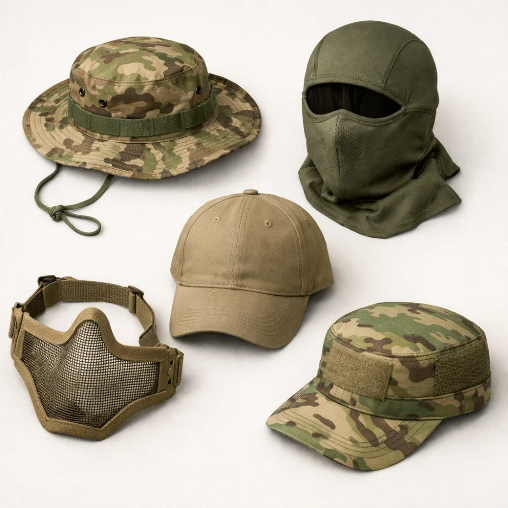 A selection of plain airsoft hats and caps laid out to show different styles