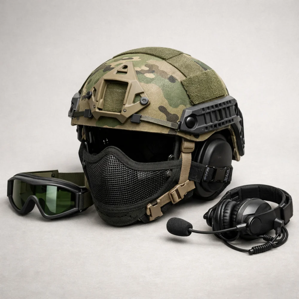 An unbranded airsoft helmet with simple accessories on a neutral background