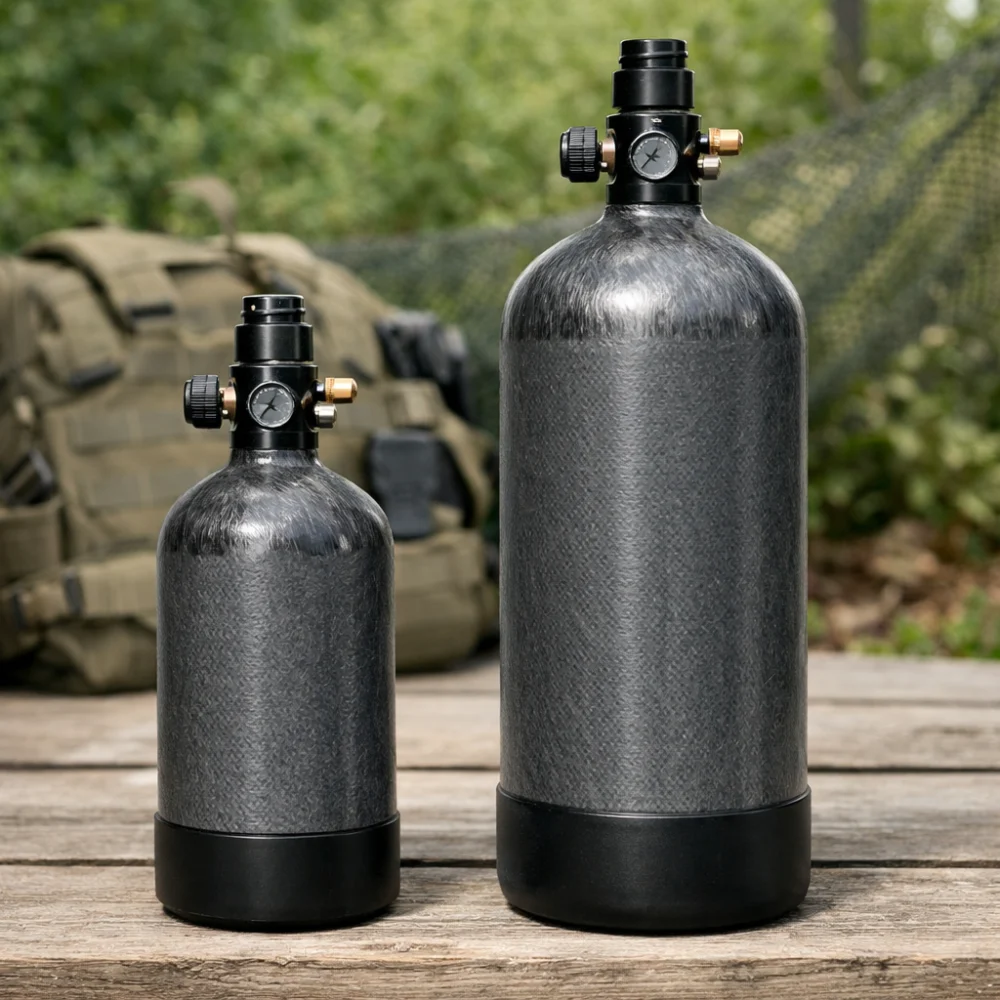 Two airsoft HPA tanks of different sizes shown side by side
