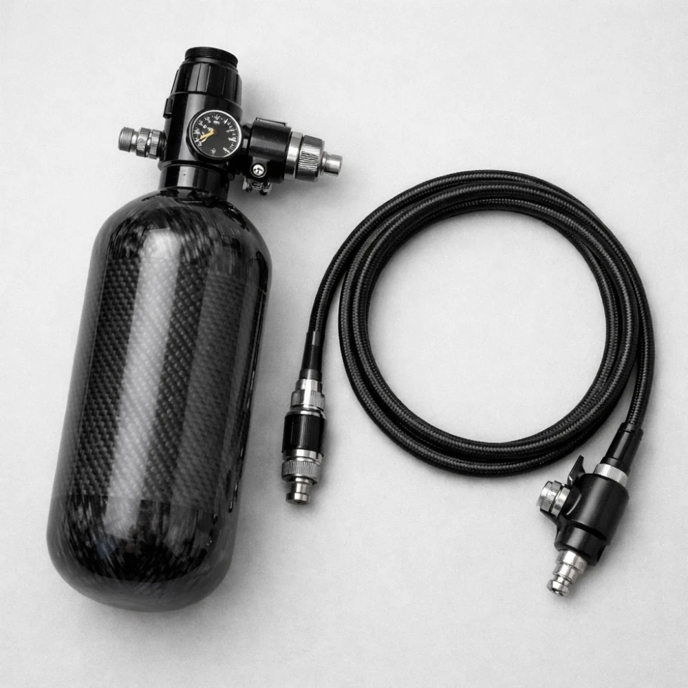 Airsoft HPA tank with regulator and hose on a neutral background