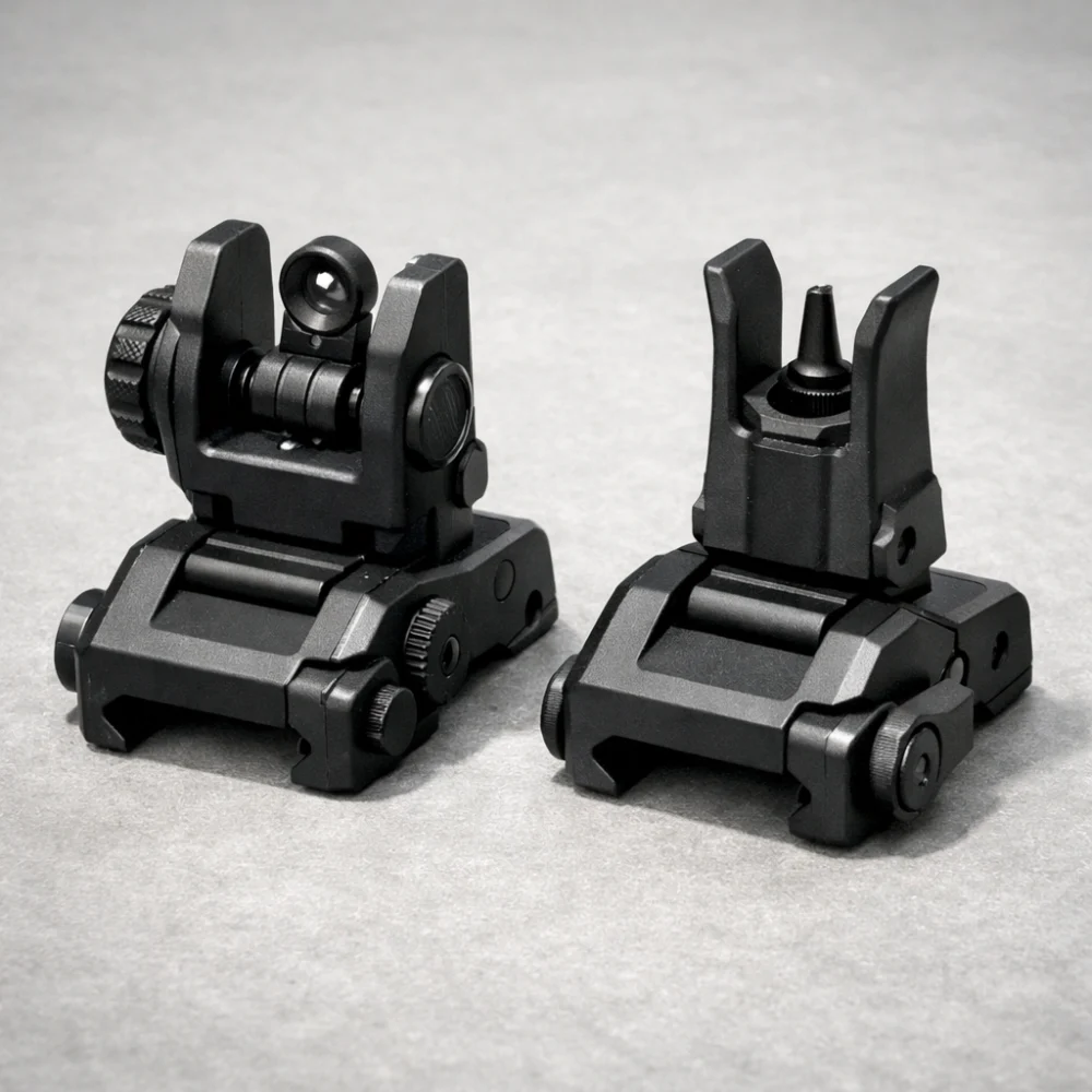 A pair of generic airsoft iron sights on a neutral background