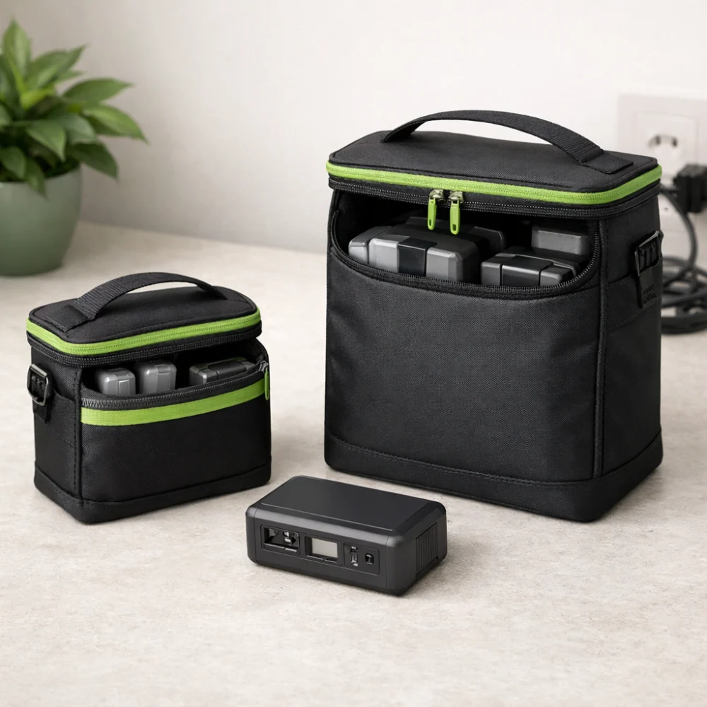 Two generic battery bags of different sizes beside a small battery pack to illustrate size choice.