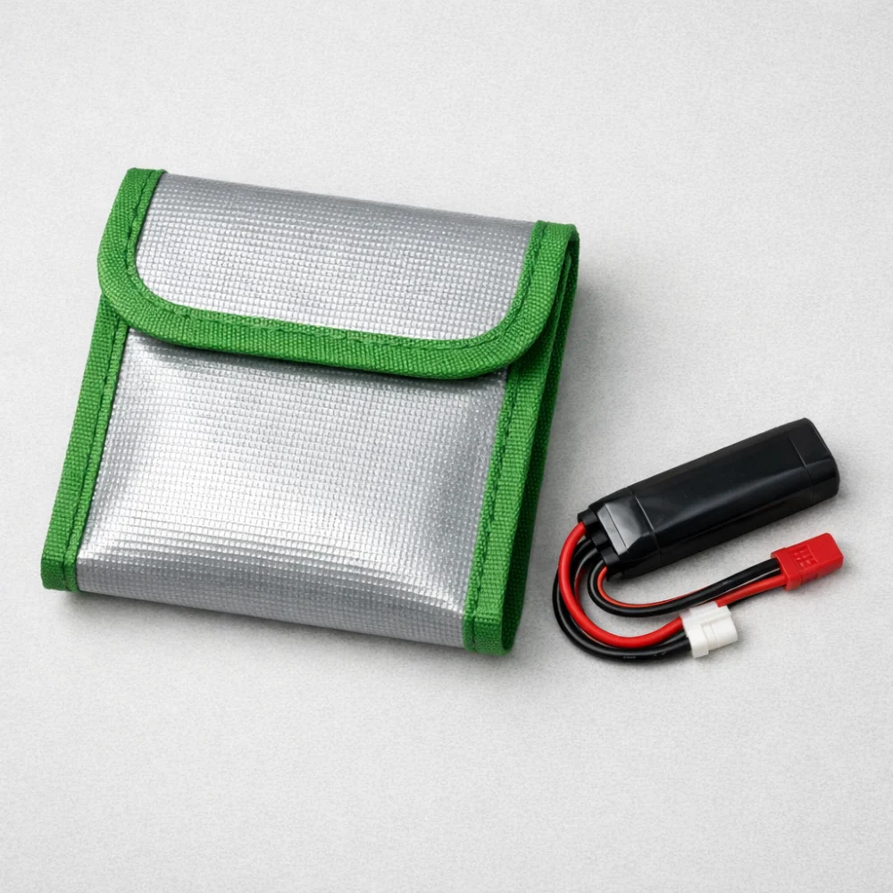 A generic LiPo battery bag shown beside a small airsoft battery on a plain background.