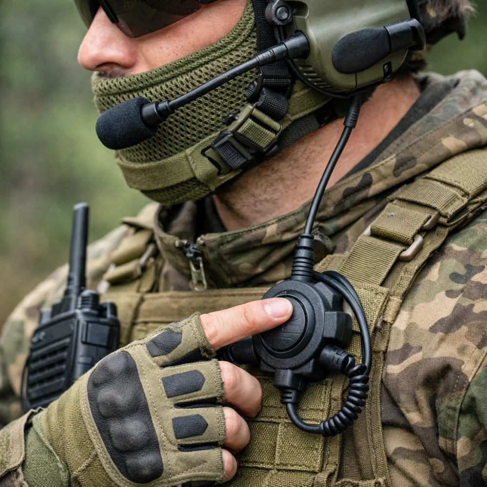 An airsoft communication headset and push-to-talk setup worn on tactical kit