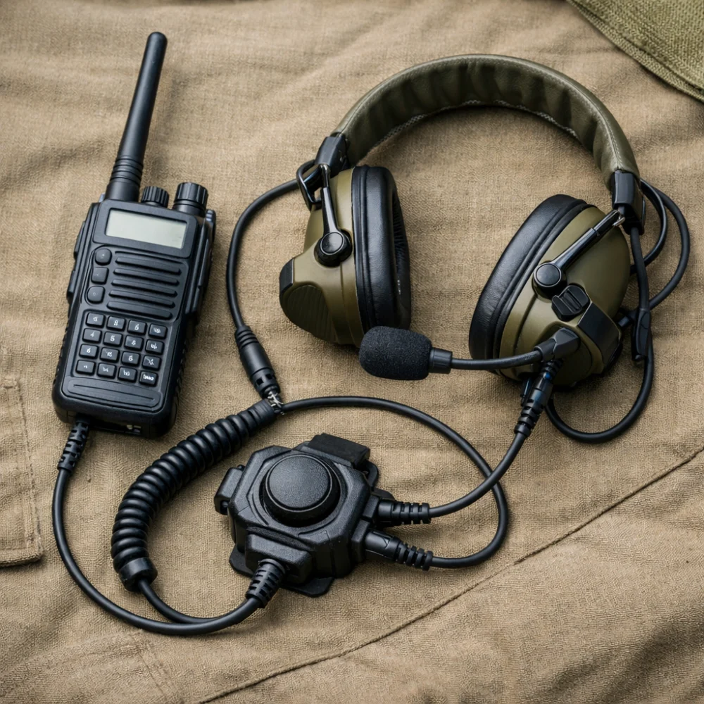 A generic airsoft radio, headset and push-to-talk accessory laid out together