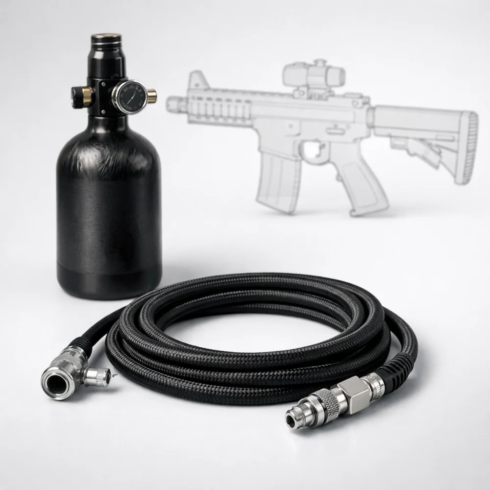 Airsoft remote hose with HPA fittings shown in a simple product-style layout.
