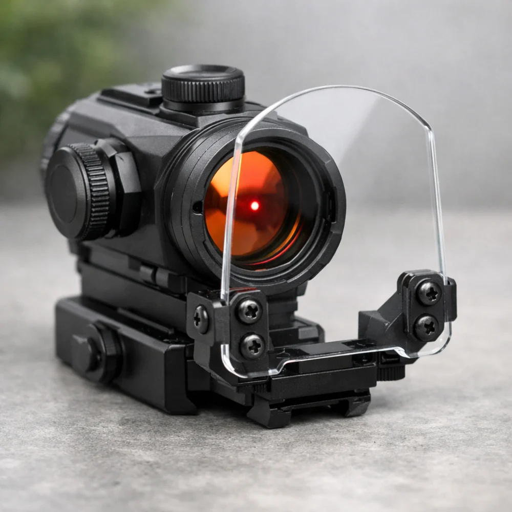 Airsoft sight protector fitted in front of an optic