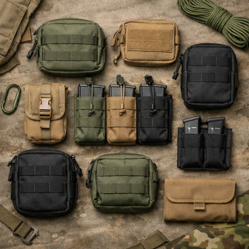 Generic tactical vest pouches arranged on a neutral background