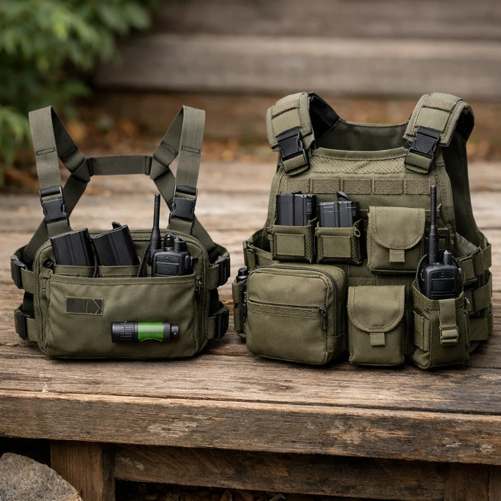 A chest rig and a vest shown side by side to compare their front layouts.
