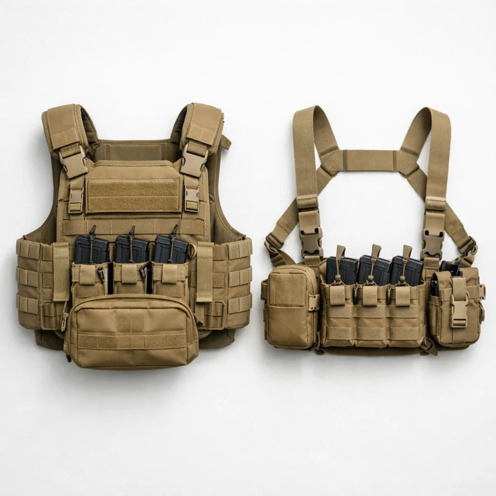 A tactical vest and a chest rig laid out side by side on a plain background.