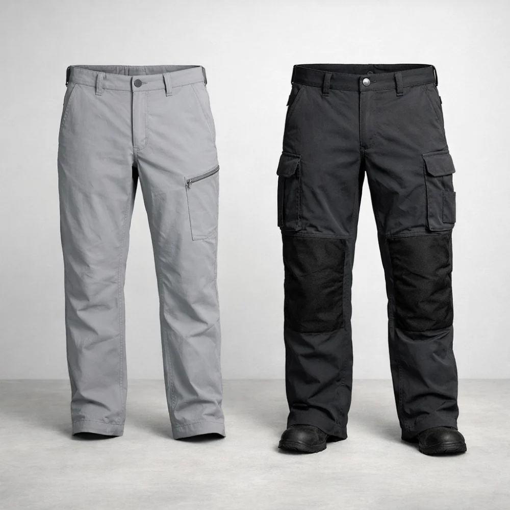 Two generic airsoft trouser styles shown side by side for comparison.